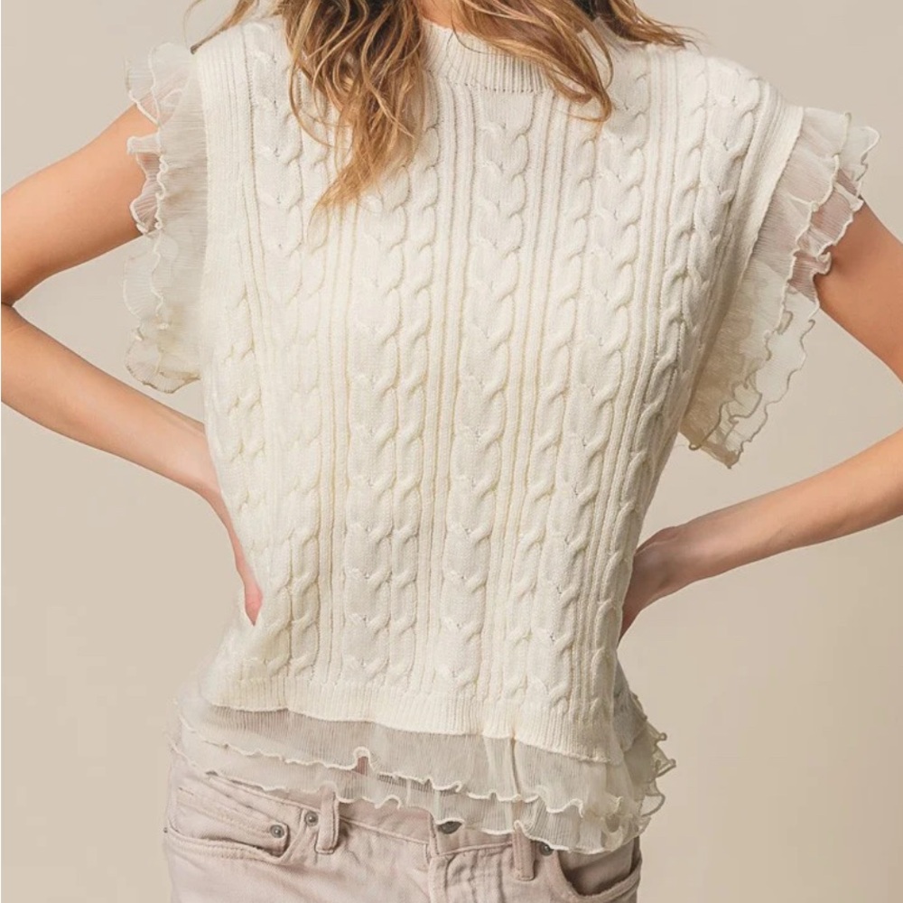 NWT Bibi Preppy Coquette Shabbychic Cable Knit Layered Chiffon Top size medium